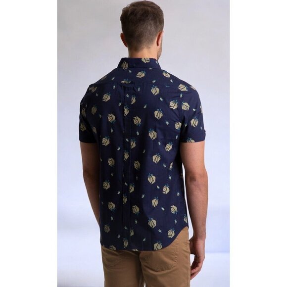 Ben Sherman Short Sleeve Button up Navy Digi Floral Leaf Print Shirt NEW Small - Picture 2 of 7